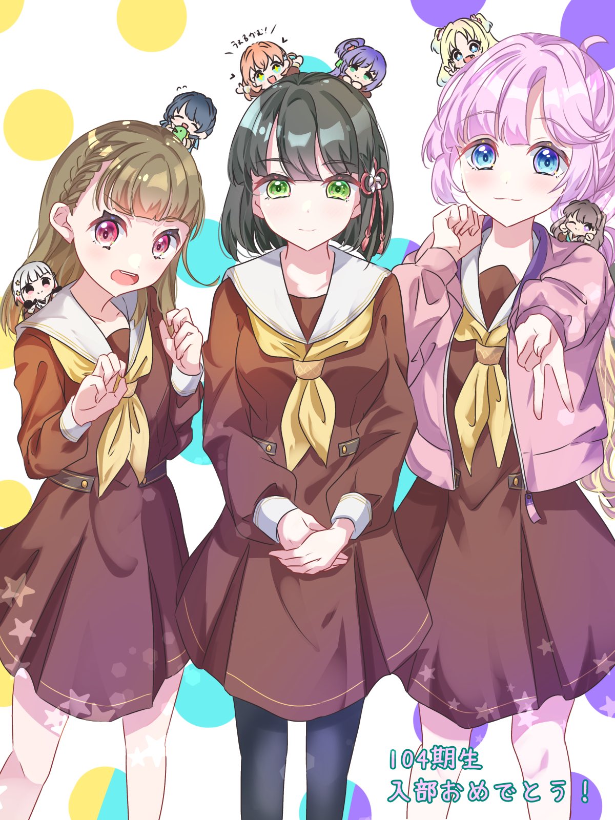 +_+ 6+girls :3 :d anyoji_hime aqua_eyes black_gloves black_hair black_pantyhose blonde_hair blue_eyes blue_hair blue_ribbon blunt_bangs blunt_ends braid bright_pupils brown_dress brown_hair center-flap_bangs check_commentary chibi claw_pose clenched_hand closed_mouth collarbone commentary_request crossed_bangs dark_blue_hair diagonal_bangs dotted_background dress flower flying_sweatdrops fujishima_megumi gloves gradient_hair green_eyes grey_hair gyaru_v hair_flower hair_ornament hair_ribbon half_gloves hands_up hasu_no_sora_school_uniform heart highres hinoshita_kaho jacket kachimachi_kosuzu light_blue_hair light_smile link!_like!_love_live! long_hair long_sleeves looking_at_viewer love_live! low_twintails medium_dress medium_hair mini_person minigirl momose_ginko multi-tied_hair multicolored_hair multiple_girls murano_sayaka neckerchief on_head open_clothes open_jacket open_mouth orange_hair osawa_rurino otomune_kozue outstretched_arms pantyhose parted_bangs person_on_back person_on_head pink_eyes pink_hair pink_jacket pleated_dress ponytail purple_eyes purple_hair rabbit_hair_ornament red_flower red_hair ribbon sailor_collar sailor_dress sakari_(pear_8_ll) school_uniform short_hair side_braids side_ponytail sidelocks smile star_(symbol) star_hair_ornament straight_hair streaked_hair teeth twintails two_side_up upper_teeth_only v v_arms very_long_hair virtual_youtuber white_background white_pupils white_sailor_collar winter_uniform yellow_neckerchief yugiri_tsuzuri