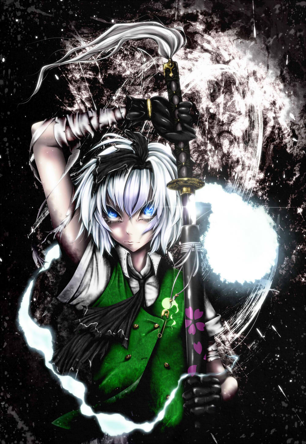 1girl arm_up ascot bandaged_arm bandages black_ascot black_bow black_gloves blue_eyes bow closed_mouth collared_shirt commentary_request ghost gloves green_vest hair_between_eyes hair_bow highres katana kazesayuru konpaku_youmu konpaku_youmu_(ghost) looking_at_viewer medium_bangs scabbard sheath shirt short_hair solo sword touhou unsheathing upper_body vest weapon white_hair white_shirt