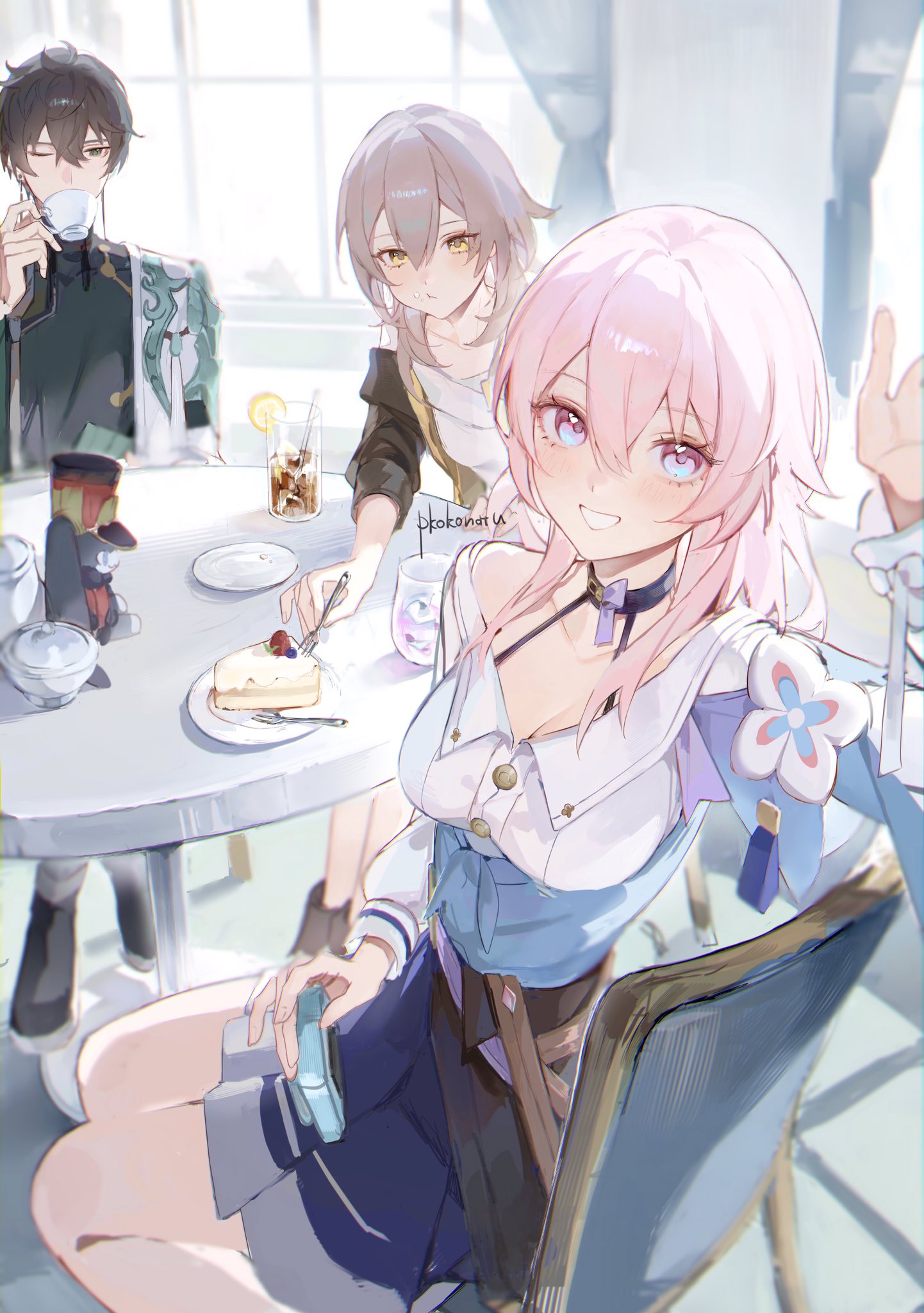 1boy 2girls black_eyes black_hair black_jacket blue_skirt blush breasts cake camera character_doll cleavage closed_mouth commentary_request cup dan_heng_(honkai:_star_rail) drinking drinking_glass food grey_hair hair_between_eyes highres holding holding_camera honkai:_star_rail honkai_(series) jacket looking_at_viewer march_7th_(honkai:_star_rail) medium_breasts medium_hair multiple_girls one_eye_closed pink_eyes pink_hair pkokonatu plate pom-pom_(honkai:_star_rail) shirt single_bare_shoulder sitting skirt smile stelle_(honkai:_star_rail) strawberry_shortcake trailblazer_(honkai:_star_rail) underbust white_shirt yellow_eyes