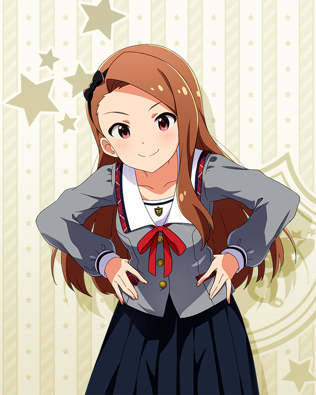 1girl asymmetrical_bangs black_ribbon black_skirt breasts brown_hair buttons closed_mouth collar collarbone cowboy_shot dot_nose forehead grey_serafuku grey_shirt hair_ribbon hands_on_own_hips idolmaster idolmaster_(classic) idolmaster_million_live! idolmaster_million_live!_theater_days junior_high_schoolmate_(idolmaster) leaning_forward light_smile long_hair long_sleeves looking_at_viewer minase_iori neck_ribbon official_alternate_costume official_art plaid_collar pleated_skirt red_eyes red_ribbon ribbon school_uniform serafuku shirt single_sidelock skirt small_breasts solo starry_background straight_hair v-shaped_eyebrows white_collar