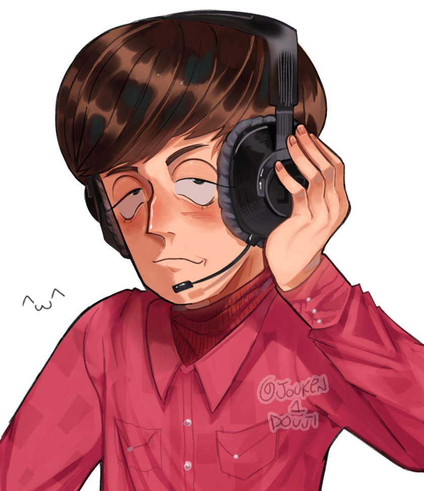 1boy ^3^ art_trade artist_name bowl_cut brown_hair buttons closed_mouth eyelashes green_eyes headphones holding holding_headphones howard_wolowitz jouken1douji long_eyelashes looking_at_viewer male_focus pocket portuguese_commentary red_shirt shiny_skin shirt short_hair simple_background smile solo the_big_bang_theory upper_body white_background