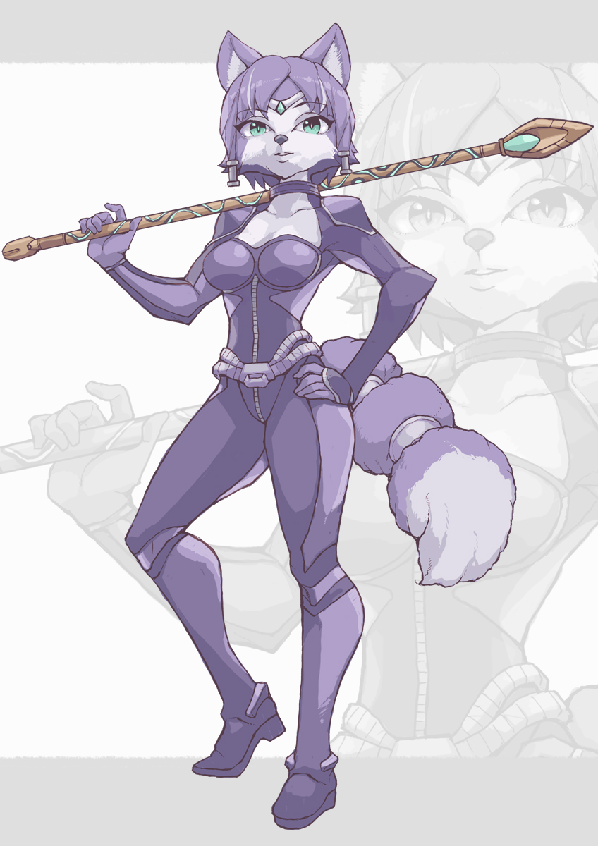 2024 5_fingers anthro bodysuit breasts canid canine clothed clothing eyebrows female fingers fox fur hair hand_on_hip hi_res krystal's_staff krystal_(star_fox) mammal multicolored_body multicolored_fur nintendo pose skinsuit solo star_fox tight_clothing white_body white_fur yoblo