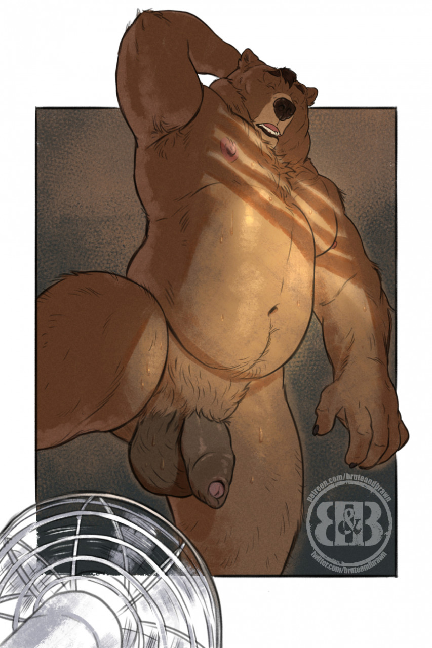 anthro balls brown_body brown_fur bruteandbrawn flaccid foreskin fur genitals hand_behind_head hi_res humanoid_genitalia humanoid_penis male mammal musclegut muscular muscular_anthro muscular_male nude penis rotary_fan slightly_chubby solo ursid