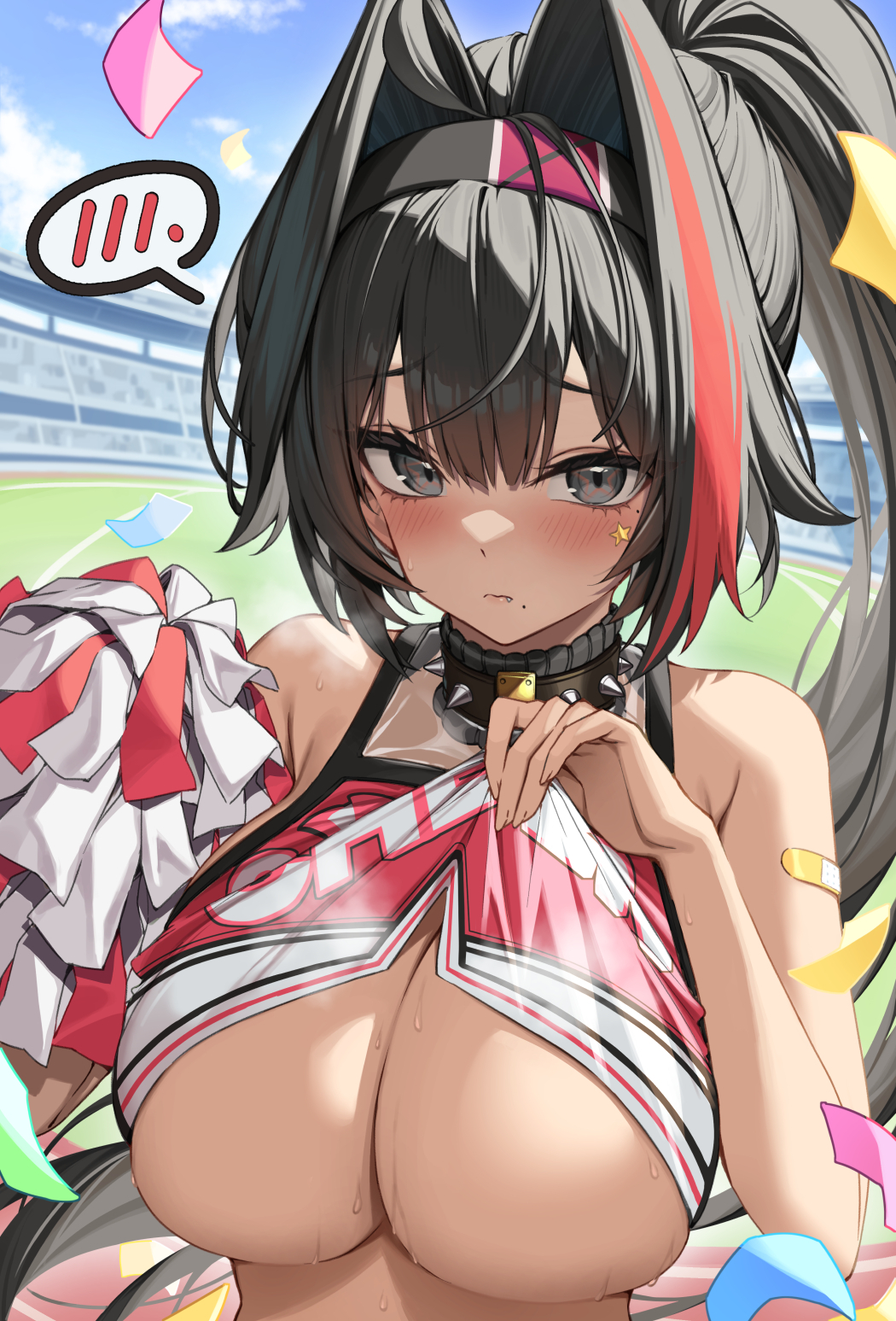 1girl ahoge bandaid bandaid_on_arm bare_shoulders bay_(nikke) black_collar black_hair blush breasts cheerleader cleavage clothes_lift collar confetti crop_top dark-skinned_female dark_skin fang furrowed_brow goddess_of_victory:_nikke grey_eyes hair_between_eyes hair_intakes highres holding holding_pom_poms large_breasts lifted_by_self long_hair looking_at_viewer mole mole_under_eye mole_under_mouth multicolored_hair outdoors pom_pom_(cheerleading) ponytail red_hair red_tank_top shirt_lift solo spiked_collar spikes spoken_blush stadium star_sticker steaming_body sticker_on_face streaked_hair sweat tank_top underboob upper_body very_long_hair yuxian_youka