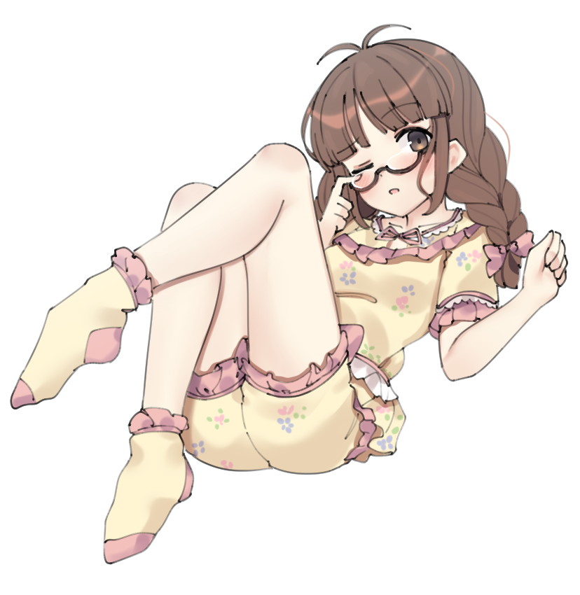 1girl aa211108 akizuki_ritsuko antenna_hair blunt_bangs blush braid breasts brown_eyes brown_hair collarbone dot_nose eyelashes finger_to_eye frilled_pajamas frilled_shorts frilled_socks frills hair_ribbon idolmaster idolmaster_million_live! idolmaster_million_live!_theater_days looking_at_viewer medium_breasts official_alternate_costume one_eye_closed pajamas parted_lips pink_ribbon ribbon short_sleeves shorts sidelocks simple_background socks solo twin_braids white_background yellow_pajamas yellow_socks