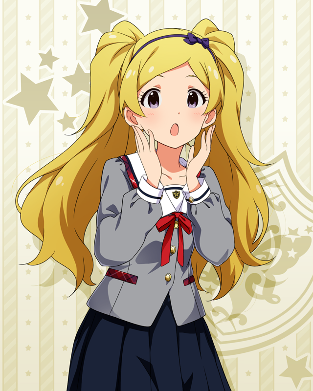 1girl black_skirt blonde_hair breasts buttons chestnut_mouth collar collarbone cowboy_shot dot_nose emily_stewart eyelashes fluffy_hair grey_serafuku grey_shirt hairband hands_up idolmaster idolmaster_million_live! idolmaster_million_live!_theater_days junior_high_schoolmate_(idolmaster) light_blush long_hair long_sleeves looking_at_viewer neck_ribbon official_alternate_costume official_art parted_bangs plaid_collar pleated_skirt purple_eyes red_ribbon ribbon school_uniform serafuku shirt sidelocks skirt small_breasts solo starry_background twintails very_long_hair wavy_hair white_collar