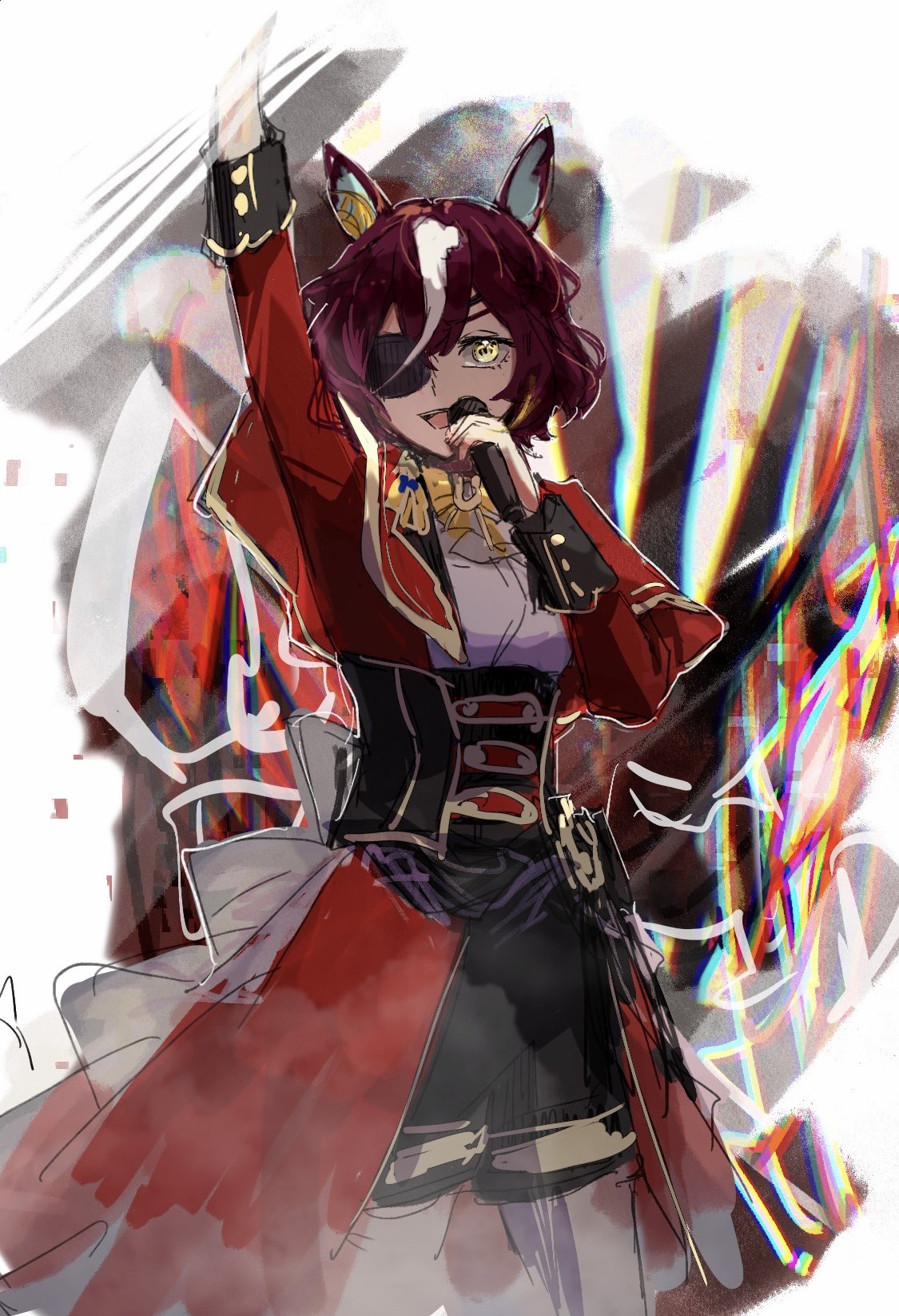 1girl arm_up az_(azkin_g) black_shorts breasts capelet corset cowboy_shot eyepatch hand_up highres holding holding_microphone jacket long_sleeves looking_at_viewer microphone multicolored_hair notes_of_grandeur_(umamusume) open_mouth red_jacket red_skirt shirt short_hair shorts showgirl_skirt skirt small_breasts smile solo standing streaked_hair tanino_gimlet_(umamusume) umamusume white_shirt yellow_eyes