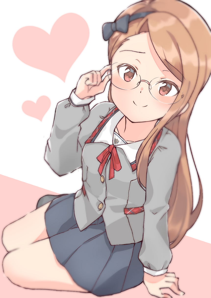 1girl adjusting_eyewear asymmetrical_bangs black_ribbon black_skirt blush brown_hair buttons closed_mouth collar dot_nose forehead glasses grey_serafuku grey_shirt hair_ribbon hand_on_ground heart highres idolmaster idolmaster_(classic) idolmaster_million_live! idolmaster_million_live!_theater_days junior_high_schoolmate_(idolmaster) light_smile long_hair long_sleeves looking_at_viewer minase_iori neck_ribbon official_alternate_costume pink_background plaid_collar pleated_skirt red_eyes red_ribbon ribbon rimless_eyewear school_uniform serafuku shiitake_taishi shirt sidelocks simple_background sitting skirt solo straight_hair two-tone_background very_long_hair white_background white_collar yokozuwari