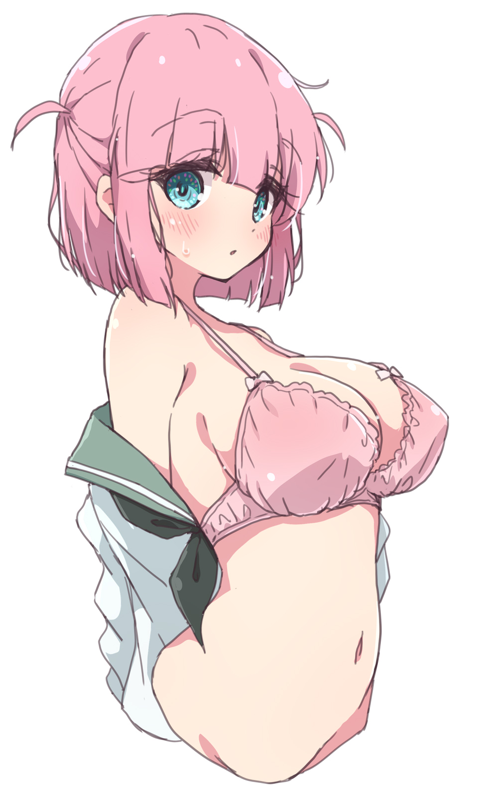 1girl :o aged_up aqua_eyes blunt_bangs blush bocchi_the_rock! bra breasts cleavage commentary_request gotoh_futari highres large_breasts looking_at_viewer mel_(melty_pot) navel pink_bra pink_hair shirt short_hair simple_background solo underwear upper_body white_background white_shirt