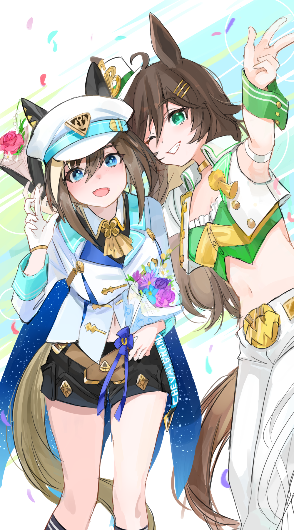 2girls :d ;) ahoge animal_ears arm_up black_shorts blue_eyes bouquet brown_hair cheval_grand_(umamusume) crop_top cropped_jacket green_eyes hair_ornament hairclip hat highres holding holding_bouquet horse_ears horse_girl jacket kik1 long_hair midriff mini_hat mini_top_hat mr._c.b._(umamusume) multicolored_hair multiple_girls navel one_eye_closed pants peaked_cap short_hair shorts single_sleeve smile streaked_hair top_hat umamusume white_jacket white_pants