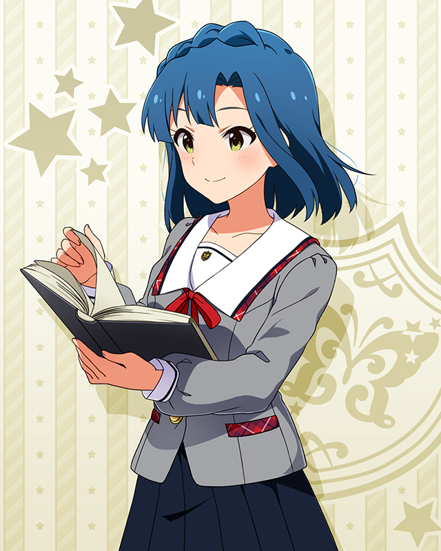 1girl black_skirt blue_hair book braid breasts buttons collar collarbone cowboy_shot eyelashes forehead grey_serafuku grey_shirt holding holding_book idolmaster idolmaster_million_live! idolmaster_million_live!_theater_days junior_high_schoolmate_(idolmaster) light_smile long_sleeves nanao_yuriko neck_ribbon official_alternate_costume official_art parted_bangs plaid_collar pleated_skirt red_ribbon ribbon school_uniform serafuku shirt single_braid skirt small_breasts solo starry_background straight_hair white_collar yellow_eyes