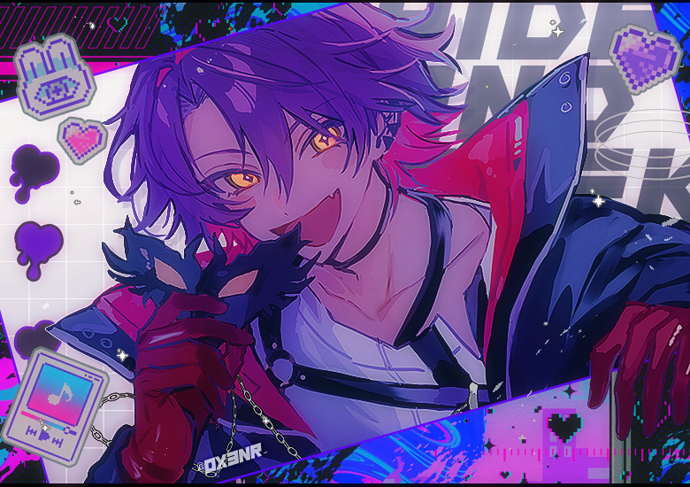 0x3nr 1boy black_choker black_jacket blush character_request choker collarbone colored_inner_hair copyright_request dutch_angle fang gloves grin hand_up heart holding holding_mask jacket looking_at_viewer male_focus mask multicolored_hair open_mouth parted_bangs portrait purple_hair red_gloves short_hair smile solo sticker tongue yellow_eyes