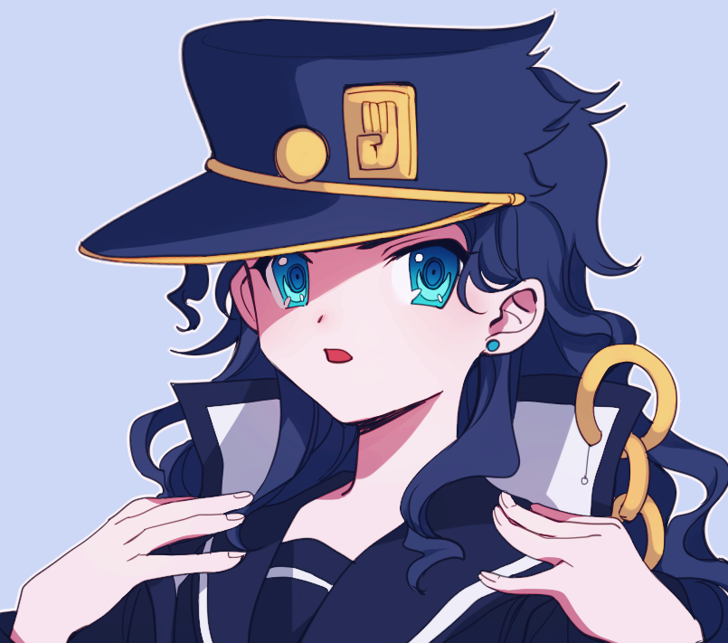 1girl black_hair black_serafuku blue_background blue_eyes chain commentary_request earrings genderswap genderswap_(mtf) hat jewelry jojo_no_kimyou_na_bouken kujo_jotaro long_hair portrait school_uniform sempon_(doppio_note) serafuku solo stardust_crusaders stud_earrings