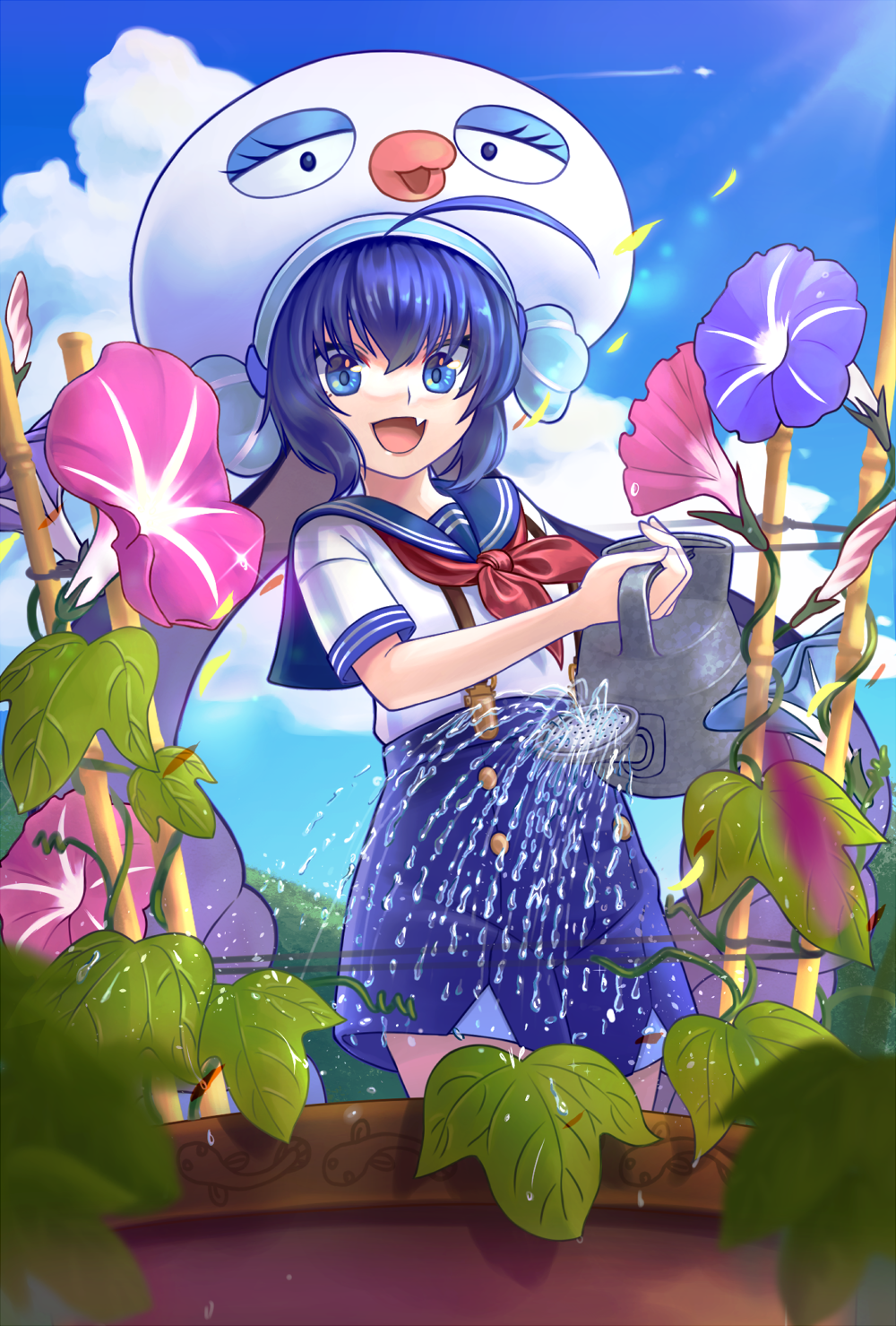 1girl ahoge animal_hat blue_eyes blue_flower blue_hair blue_skirt blue_sky cloud day fang flower flower_request garden hat highres holding holding_watering_can kaeru_(csit24) leaf looking_at_viewer neckerchief open_mouth otomachi_una outdoors pink_flower red_neckerchief school_uniform serafuku short_hair short_sleeves skin_fang skirt sky solo suspenders voiceroid watering watering_can white_hat