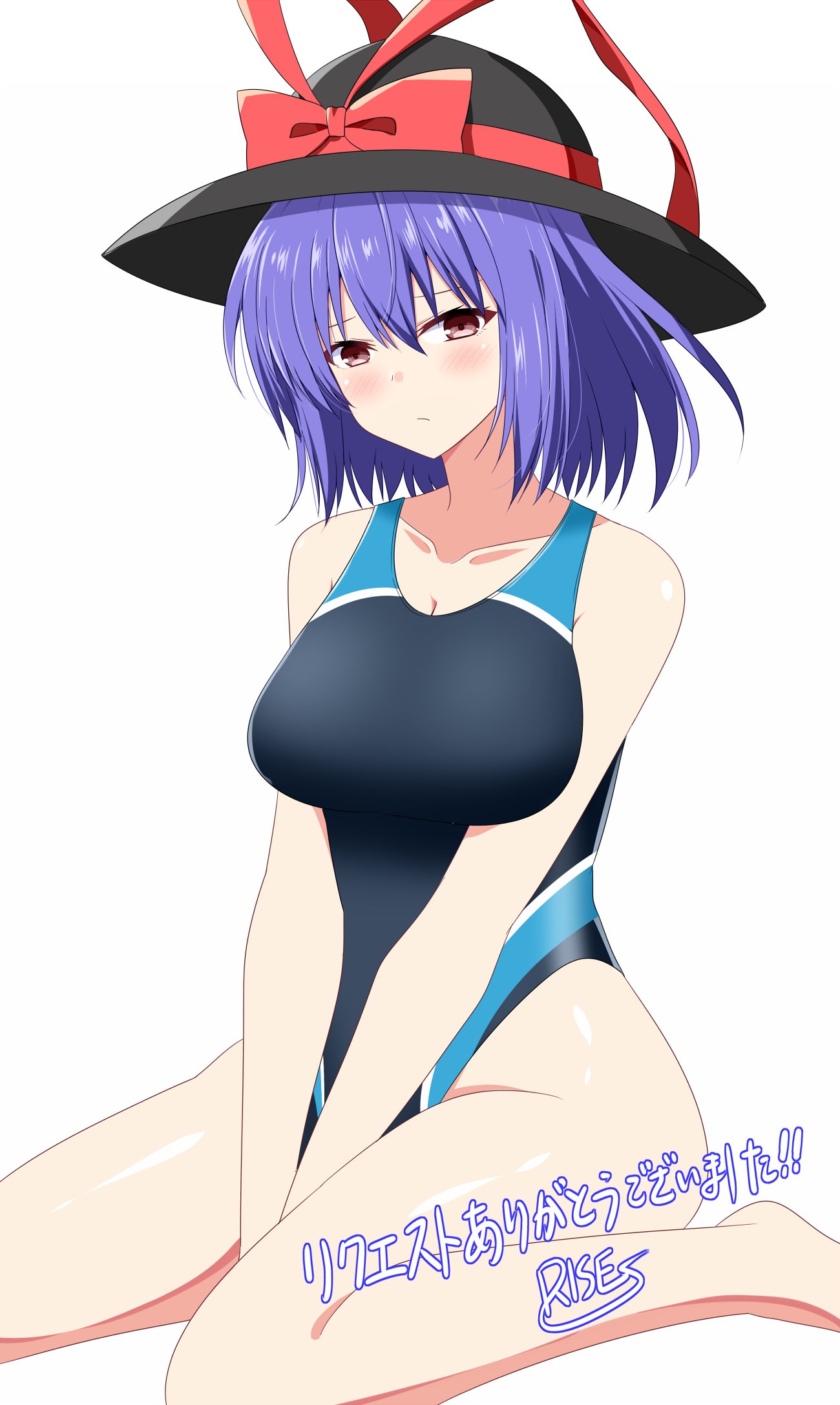 1girl black_hat blush bow breasts closed_mouth collarbone commentary_request commission full_body hat hat_bow highres looking_at_viewer nagae_iku one-piece_swimsuit purple_hair red_bow red_eyes rise_(rise19851203) short_hair simple_background sitting skeb_commission solo swimsuit touhou v_arms variant_set wariza white_background