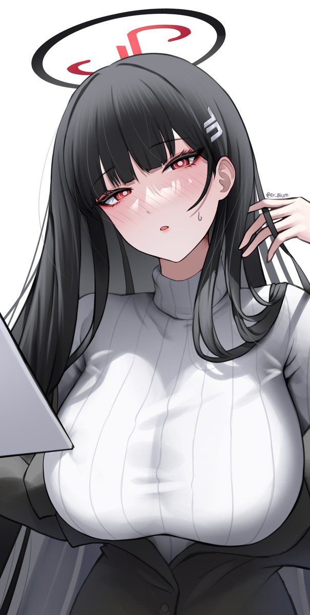 1girl black_hair black_halo blue_archive bright_pupils erbium hair_ornament hairpin halo highres holding holding_tablet_pc red_eyes ribbed_sweater rio_(blue_archive) solo sweater tablet_pc turtleneck turtleneck_sweater upper_body white_pupils white_sweater