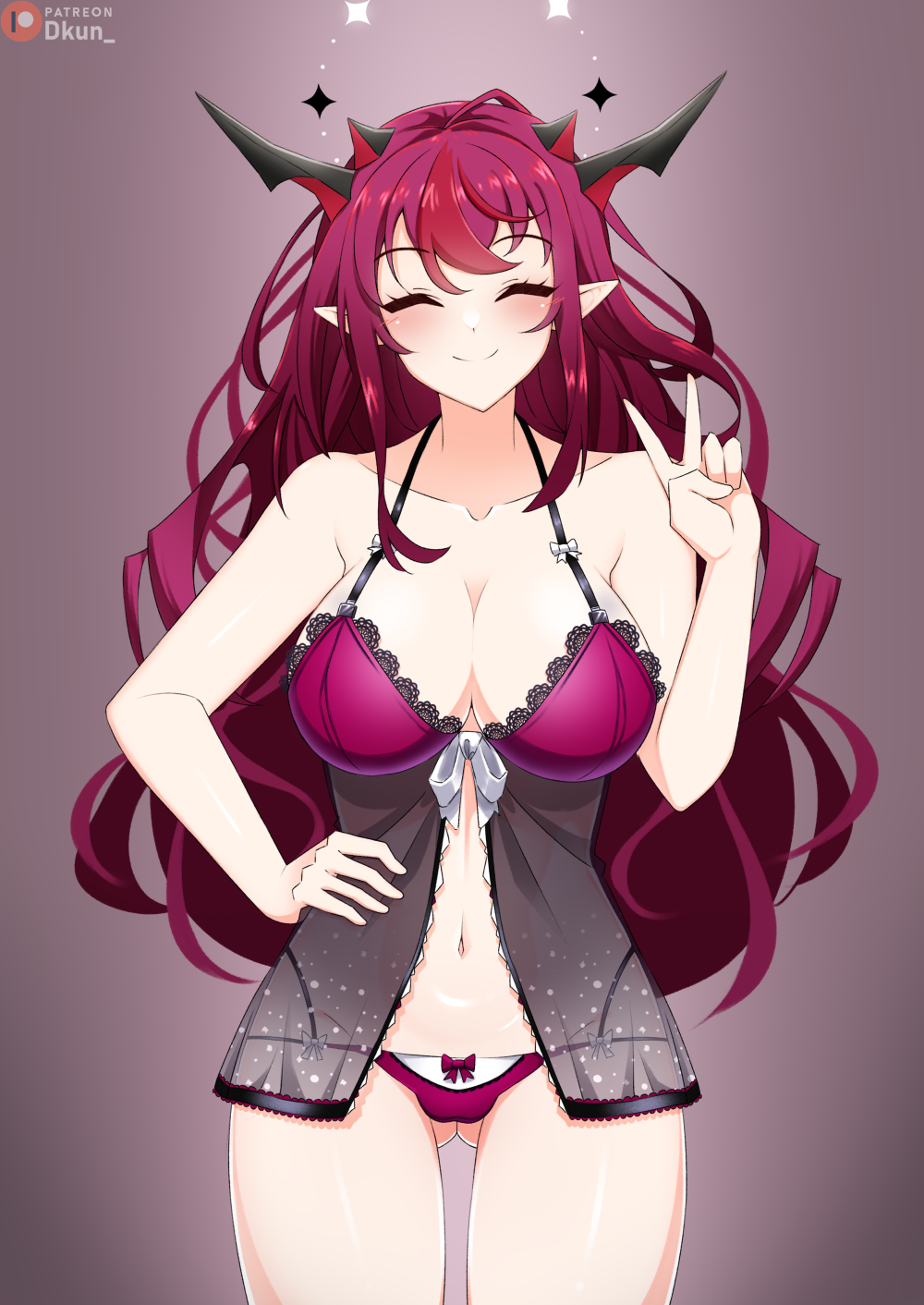 1girl blush breasts cleavage closed_eyes closed_mouth collarbone cowboy_shot demon_horns hand_on_own_hip highres hololive hololive_english horns irys_(hololive) irys_(irys_1.0)_(hololive) large_breasts lingerie long_hair navel patreon_logo patreon_username pointy_ears purple_hair red_hair simple_background smile thigh_gap thighs underwear v very_long_hair virtual_youtuber ysui0000