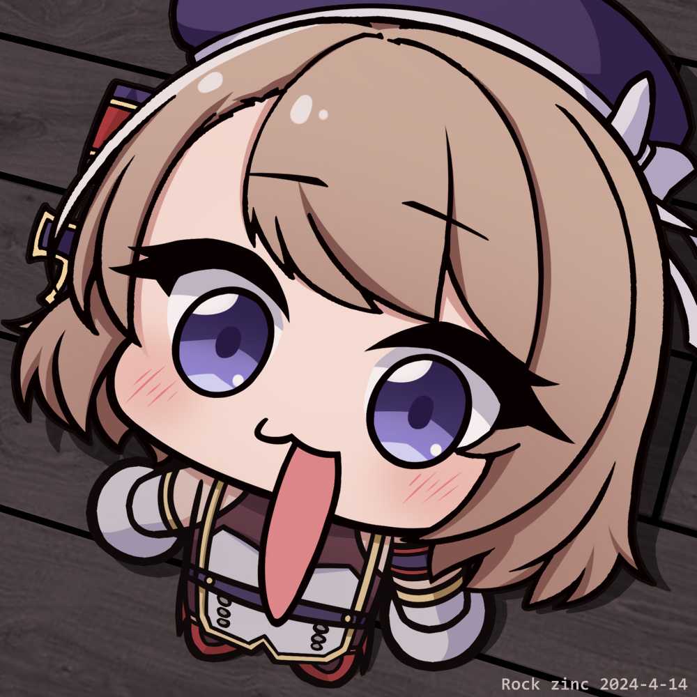 1girl :3 artist_name azur_lane bare_shoulders beret blue_eyes blue_hat blush bow brown_hair chibi closed_mouth commentary_request cross dated from_above gloves hair_bow hat hat_bow iron_cross red_footwear rock_zinc shoes solo standing striped_bow tongue tongue_out white_bow white_gloves wooden_floor z23_(azur_lane)