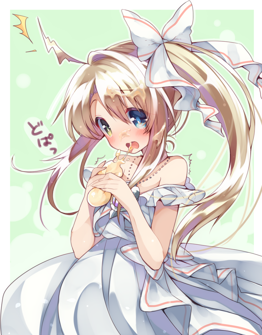 1girl ^^^ ahoge bare_shoulders blonde_hair blue_eyes border bottle bow bright_pupils character_request commentary_request cowboy_shot dress_bow frilled_sleeves frills green_background green_eyes hair_bow heterochromia holding holding_bottle jewelry long_hair looking_at_object magia_break milk necklace outline outside_border short_sleeves side_ponytail sidelocks simple_background single_hair_intake solo squirting_liquid suggestive_fluid usamata white_border white_bow white_outline white_sleeves