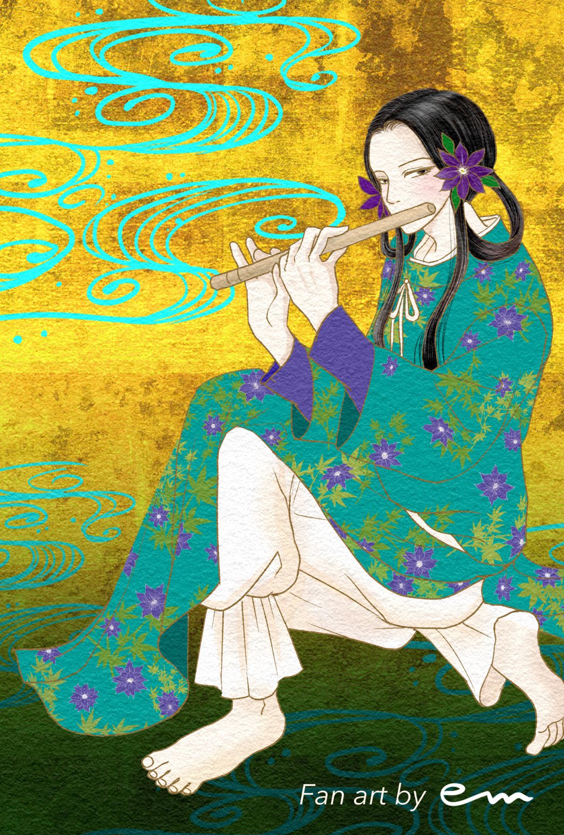 1girl artist_name barefoot black_hair chinese_clothes em_makiweb feet flower flute hair_flower hair_ornament highres holding holding_flute holding_instrument instrument looking_at_viewer music original pants playing_instrument purple_flower solo toes white_pants