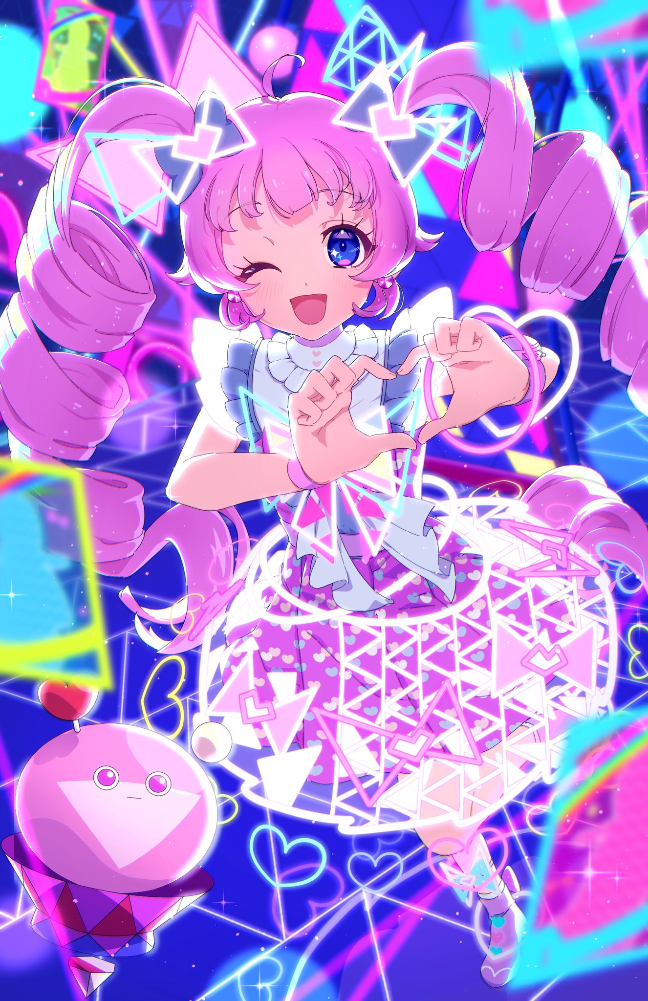 1girl ;d ahoge aozora_himari blue_eyes blunt_bangs bow commentary_request dress glowing_clothes hair_bow heart heart_hands highres himitsu_no_aipri idol idol_clothes long_hair looking_at_viewer moukinui neon_lights one_eye_closed open_mouth pink_dress pink_hair pretty_series purple_bow robot smile solo standing triangle twintails very_long_hair