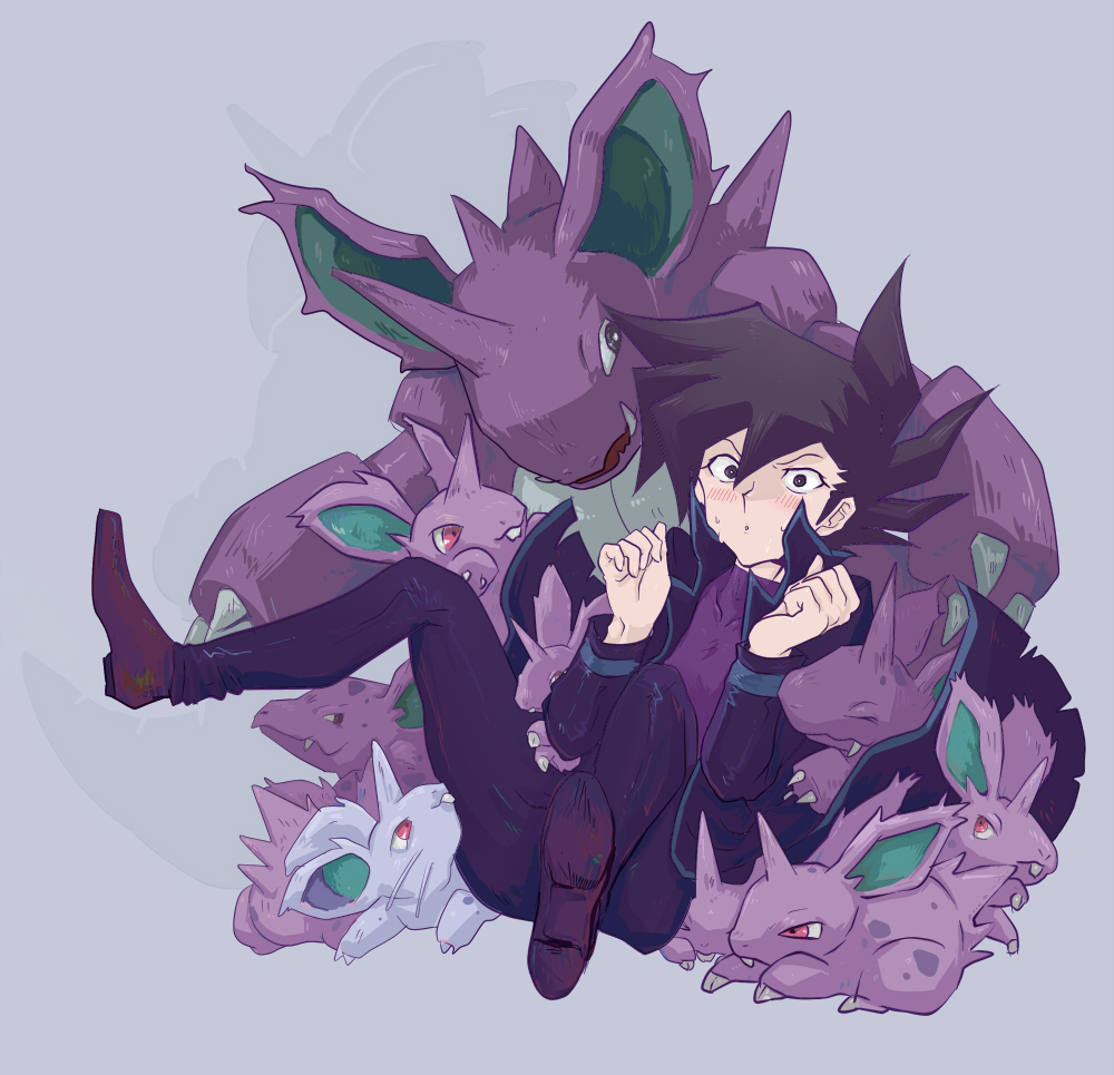 1boy black_eyes black_hair black_jacket black_pants blush brown_footwear clenched_hands collared_jacket crossover dress_shoes grey_background jacket lying male_focus manjoume_jun moromorono nidoking nidoran nidoran_(female) nidoran_(male) nidorino on_back open_clothes open_jacket pants pokemon pokemon_(creature) purple_shirt red_eyes shirt shoes solo yu-gi-oh! yu-gi-oh!_gx