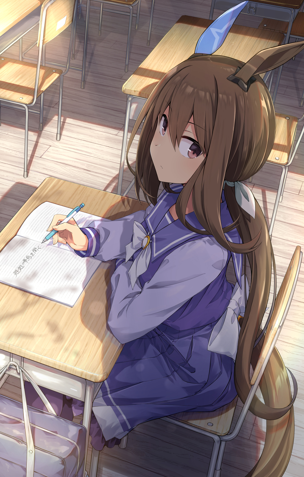 1girl admire_vega_(umamusume) animal_ears bag brown_eyes brown_hair commentary_request expressionless hair_between_eyes hair_ornament highres horse_ears horse_girl long_hair looking_at_viewer murasaki_himuro notebook pen ponytail school_uniform shadow sitting solo thighhighs tracen_school_uniform translation_request umamusume