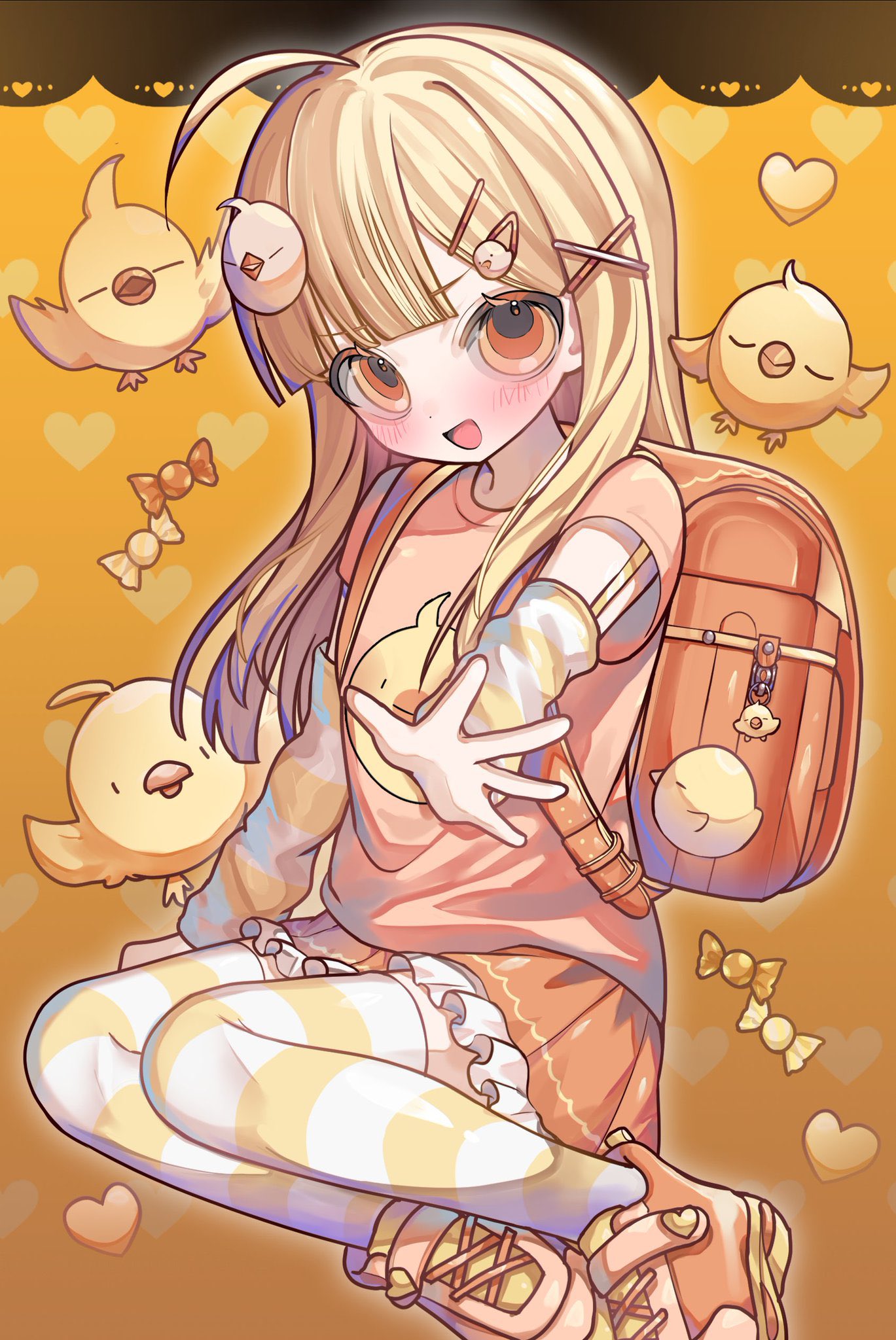 1girl ahoge backpack bag bird blonde_hair blush candy charm_(object) chick commentary detached_sleeves flat_chest food frilled_skirt frills hair_ornament hairclip highres long_hair looking_at_viewer miniskirt open_mouth orange_eyes original randoseru shirt shoes skirt smile sneakers solo striped_clothes striped_thighhighs symbol-only_commentary t-shirt thighhighs x_hair_ornament yokubariyachii zettai_ryouiki