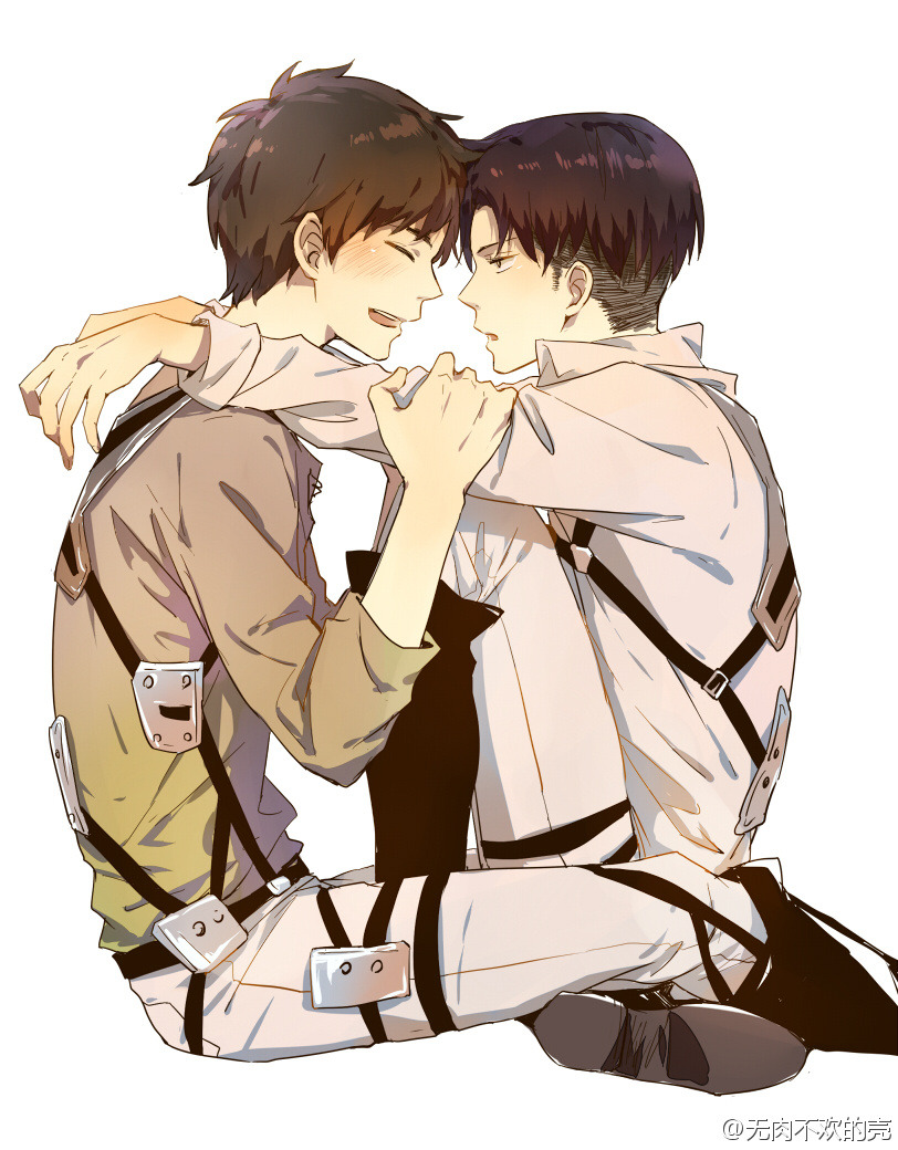 2boys black_footwear black_hair blush boots brown_hair eren_yeager feiqiuxuan foot_out_of_frame from_side hands_on_another's_arms hug levi_(shingeki_no_kyojin) looking_at_another male_focus multiple_boys open_mouth shingeki_no_kyojin simple_background smile squatting teeth third-party_source three-dimensional_maneuver_gear undercut weibo_username white_background yaoi