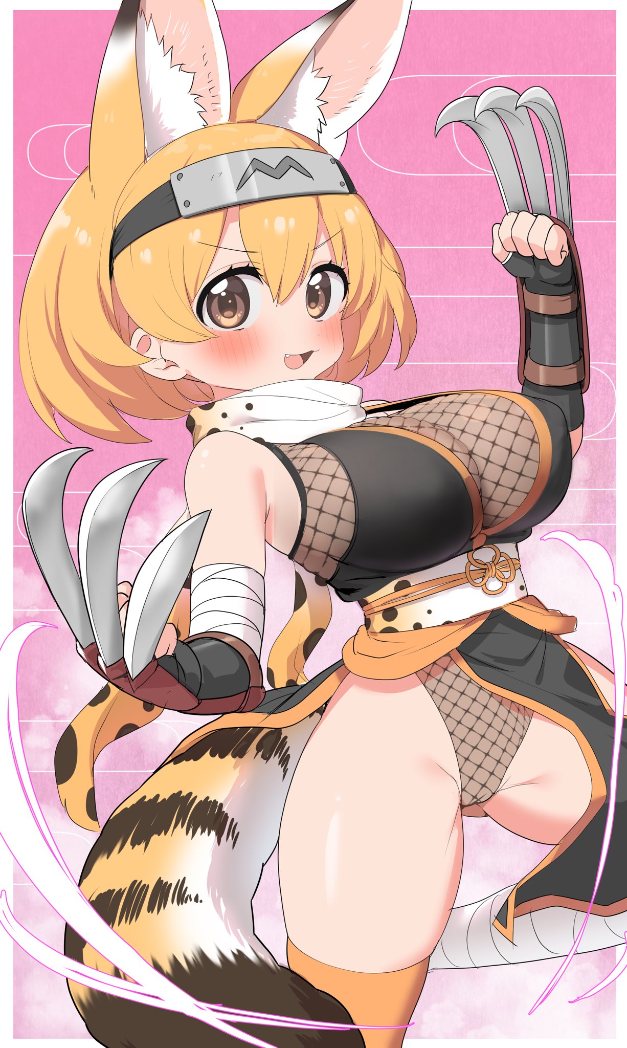 1girl animal_ears arm_guards blonde_hair blush bodysuit breasts claw_(weapon) claws elbow_gloves extra_ears fingerless_gloves fishnet_bodysuit fishnets forehead_protector gloves groin_tendon highres kemono_friends large_breasts looking_at_viewer ninja pelvic_curtain ransusan scarf serval_(kemono_friends) short_hair sleeveless smile solo tail thighhighs weapon