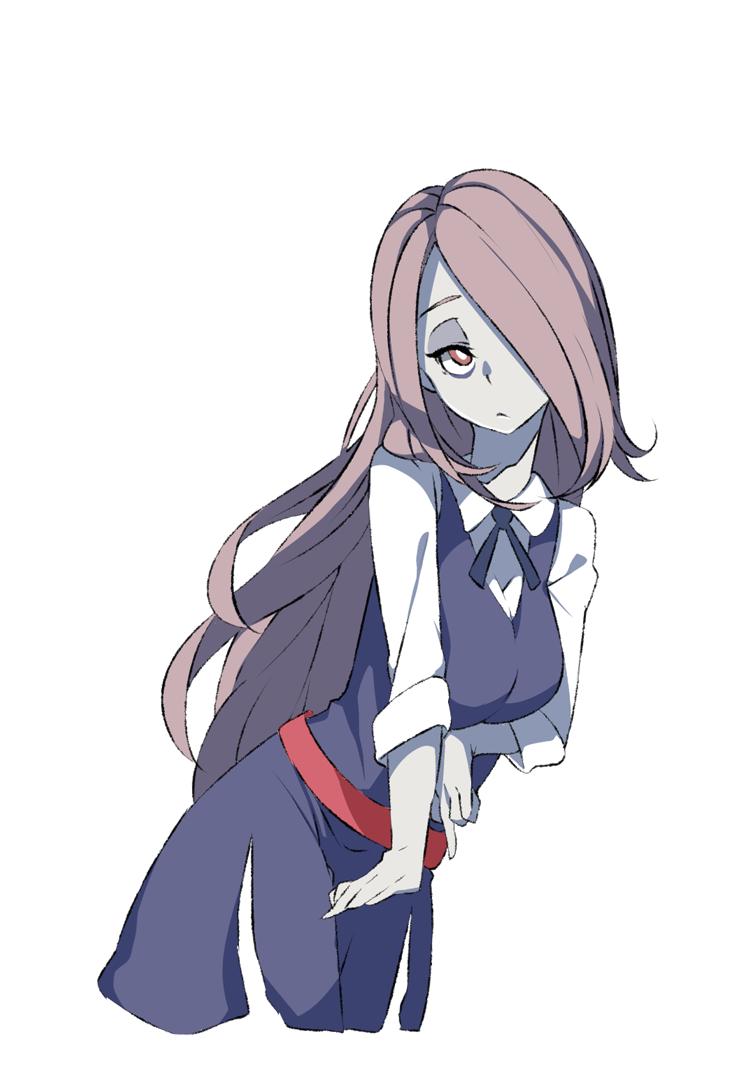 1girl blue_dress breasts brown_hair commentary_request cowboy_shot dress hair_over_one_eye half-closed_eye little_witch_academia long_hair looking_at_viewer luna_nova_school_uniform matsu-jun medium_breasts pale_skin red_eyes school_uniform shirt simple_background sleeveless sleeveless_dress solo sucy_manbavaran very_long_hair white_background white_shirt witch