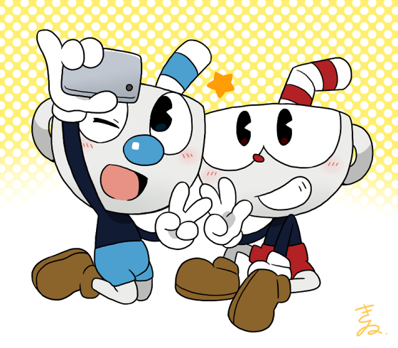 blue_pants brothers brown_footwear camera cuphead cuphead_(game) gloves holding holding_camera koginokii mugman object_head open_mouth pants red_pants siblings smile