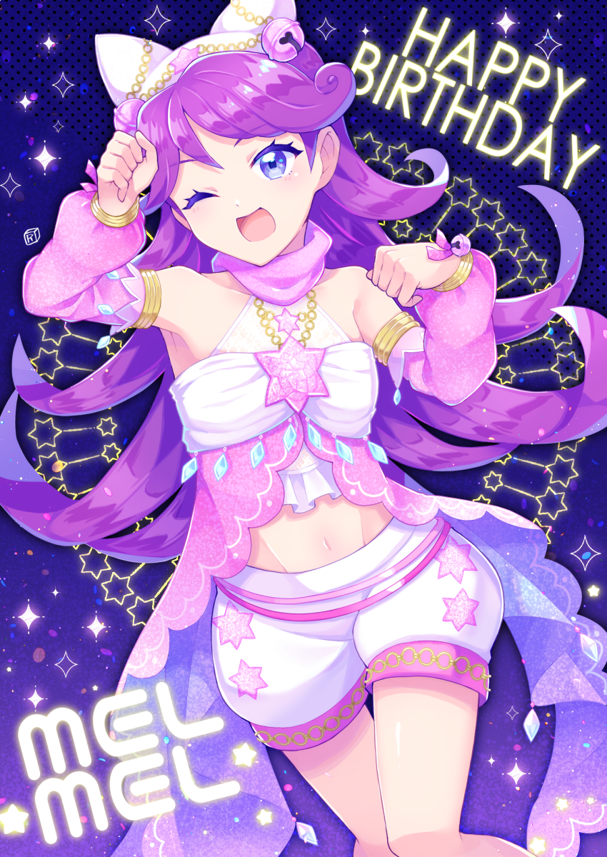 1girl ;d animal_ears animal_hat arm_up bare_shoulders blue_background blue_eyes cat_ears cat_hat character_name commentary_request crop_top dancer fake_animal_ears hand_up happy_birthday hat highres kiratto_pri_chan long_hair looking_at_viewer navel one_eye_closed open_mouth paw_pose pretty_series purple_hair rittai_(hoka2shokupan) shido_mel shorts smile solo sparkle standing very_long_hair white_shorts