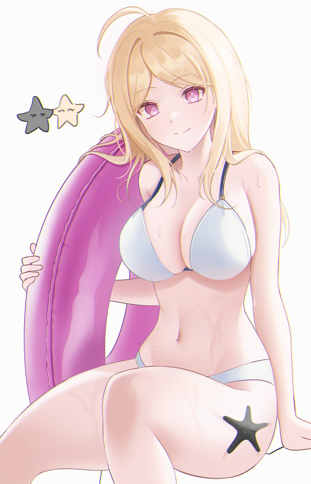 1girl ahoge akamatsu_kaede alternate_costume bikini blonde_hair breasts danganronpa_(series) danganronpa_v3:_killing_harmony highres holding holding_swim_ring keke_(xfxyuio) large_breasts long_hair navel sitting smile solo starfish stomach swim_ring swimsuit white_bikini