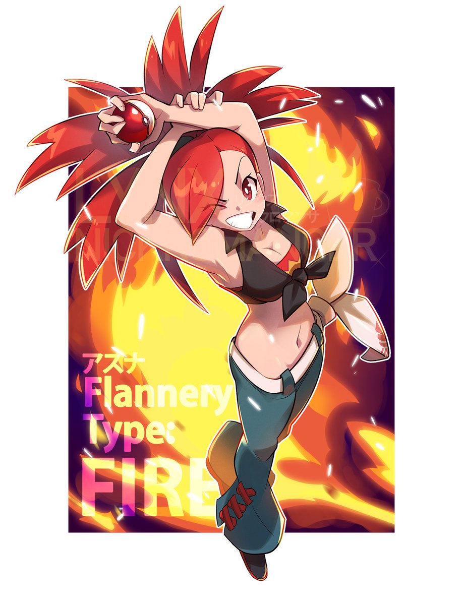 1girl arms_up bandeau bare_arms belt black_footwear black_shirt breasts character_name cheesecakes_by_lynx cleavage collarbone collared_shirt english_text fire flannery_(pokemon) from_above full_body green_pants grin highres holding holding_poke_ball long_hair looking_at_viewer midriff navel one_eye_closed pants poke_ball poke_ball_(basic) pokemon pokemon_oras ponytail red_bandeau red_eyes red_hair shirt shoes sleeveless sleeveless_shirt smile stretching tied_shirt white_belt wide_hips