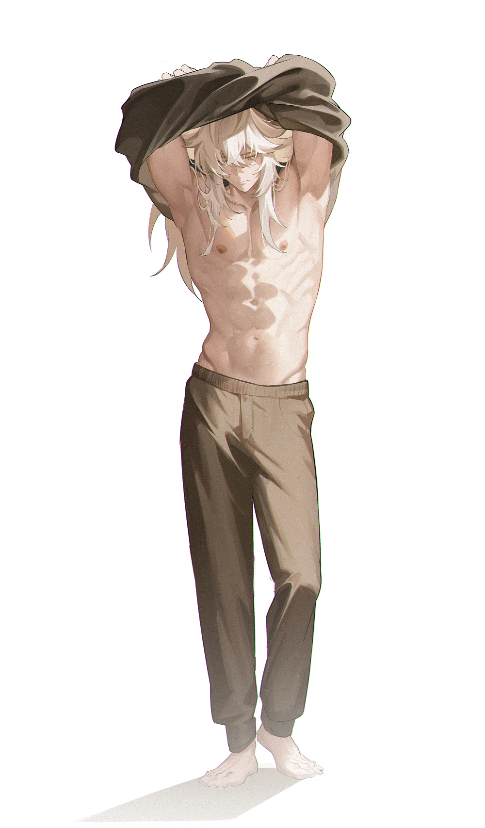 1boy abs armpits arms_up barefoot closed_mouth crossed_arms dhfz181 full_body grey_pants grey_shirt head_down highres honkai:_star_rail honkai_(series) jing_yuan long_hair looking_down male_focus mole mole_under_eye navel nipples pants shirt simple_background solo toned toned_male undressing white_hair yellow_eyes