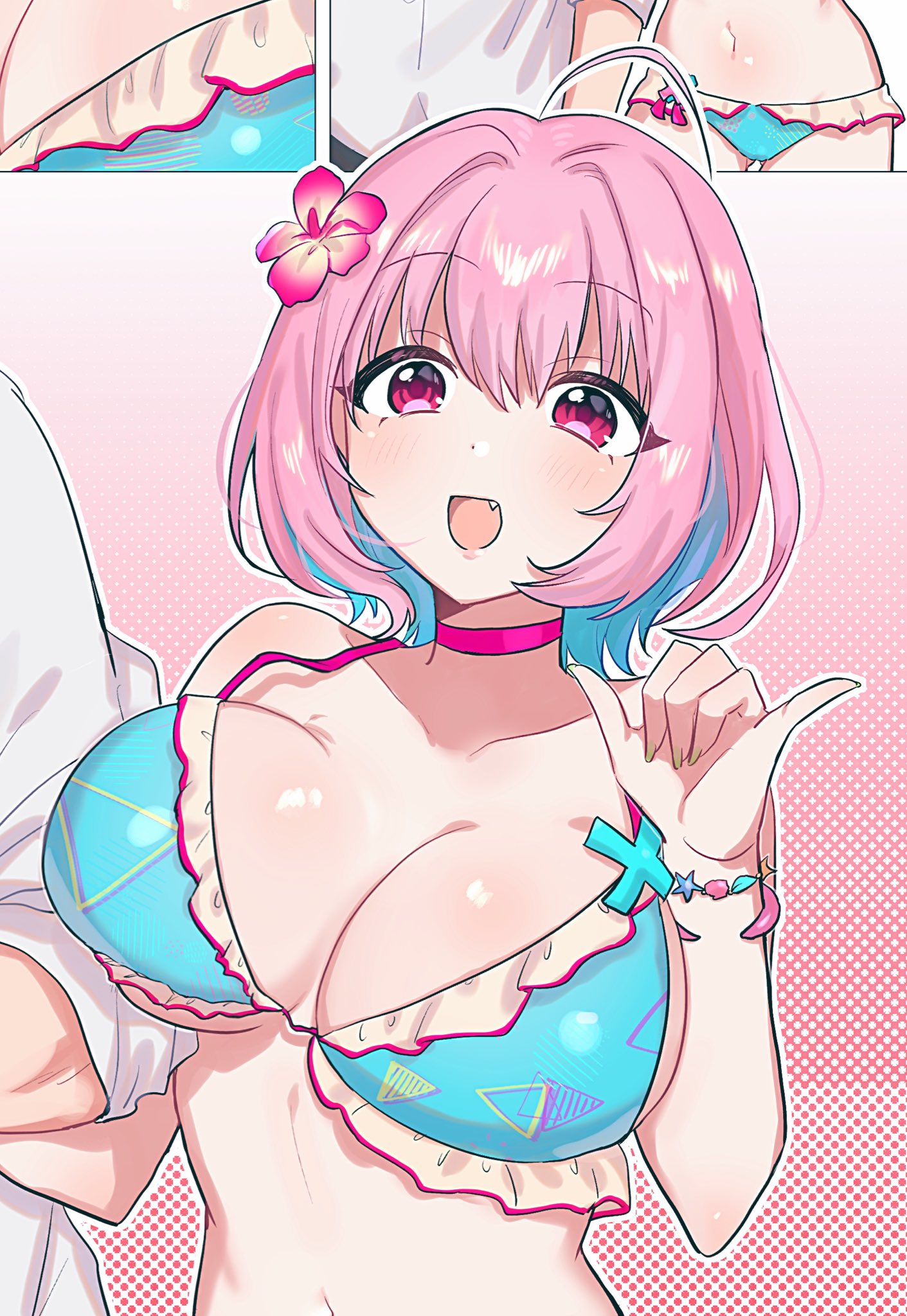 1b_104 1boy 1girl ahoge bare_shoulders bikini blue_bikini blue_hair blush bracelet breast_lift breasts choker cleavage collarbone fang flower frilled_bikini frills hair_flower hair_ornament highres idolmaster idolmaster_cinderella_girls jewelry large_breasts multicolored_hair open_mouth pink_choker pink_eyes pink_hair pinky_out shirt solo swimsuit two-tone_hair white_shirt yumemi_riamu