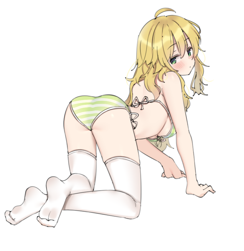 1girl aa211108 all_fours ass bare_legs bare_shoulders barefoot bikini blonde_hair blush breasts dot_mouth dot_nose feet full_body green_bikini green_eyes hair_between_eyes hoshii_miki idolmaster idolmaster_(classic) idolmaster_million_live! idolmaster_million_live!_theater_days legs long_hair looking_at_viewer looking_back medium_breasts parted_bangs side-tie_bikini_bottom sidelocks simple_background soles solo string_bikini striped_bikini striped_clothes swimsuit thighhighs toes wavy_hair white_background white_thighhighs