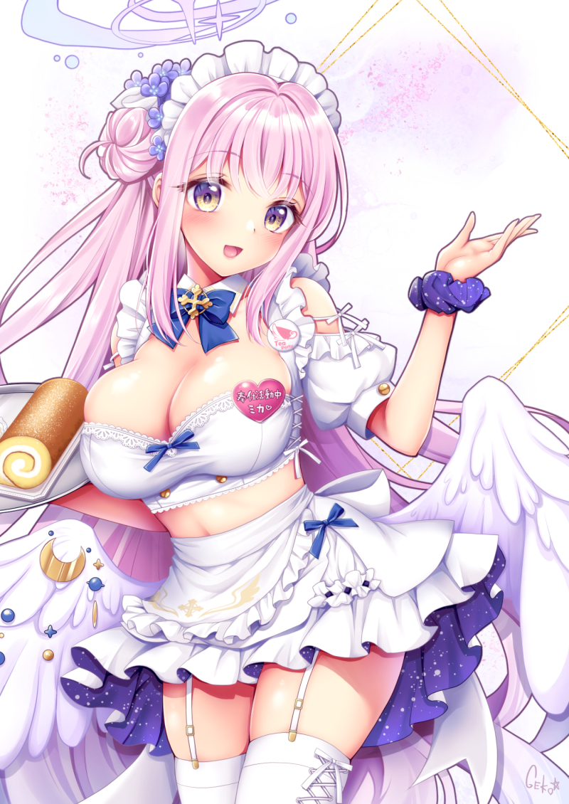 1girl angel_wings blue_archive blue_bow bow breasts cake crescent feathered_wings flower food garter_straps geko hair_bun hair_flower hair_ornament hair_ribbon holding holding_tray large_breasts long_hair looking_at_viewer low_wings maid mika_(blue_archive) open_mouth pink_hair ribbon single_side_bun skirt smile solo swiss_roll thighhighs tray white_ribbon white_skirt white_thighhighs white_wings wings yellow_eyes