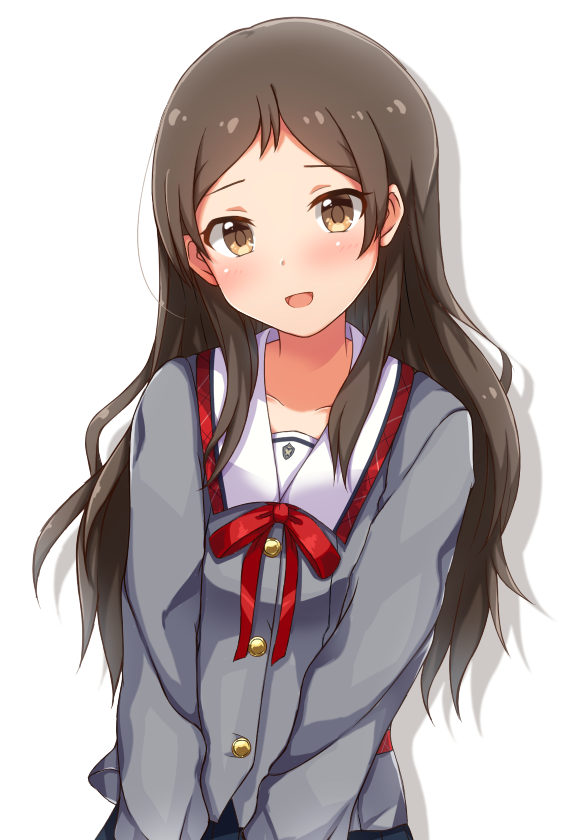 :d black_hair blush buttons collar collarbone commentary_request dot_nose grey_serafuku grey_shirt hair_over_shoulder idolmaster idolmaster_million_live! idolmaster_million_live!_theater_days junior_high_schoolmate_(idolmaster) kitazawa_shiho long_hair long_sleeves looking_at_viewer naruse_nagi neck_ribbon official_alternate_costume open_mouth own_hands_together parted_bangs plaid_collar red_ribbon ribbon school_uniform serafuku shirt sidelocks simple_background smile standing straight-on straight_hair upper_body wavy_hair white_background white_collar yellow_eyes