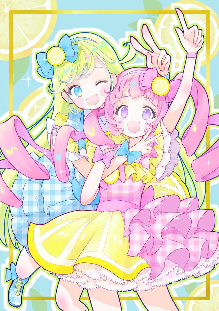 2girls :d ;d ahoge aozora_himari arm_up blonde_hair blue_bow blue_dress blue_eyes blunt_bangs bow commentary_request cowboy_shot dress food food-themed_clothes food-themed_hair_ornament frilled_dress frills fruit hair_bow hair_ornament himitsu_no_aipri hoshikawa_mitsuki idol_clothes index_finger_raised lemon lemon_slice long_hair looking_at_viewer miminaga_usagi multiple_girls one_eye_closed open_mouth outstretched_arm petticoat pink_bow pink_hair pretty_series purple_eyes smile standing twintails v