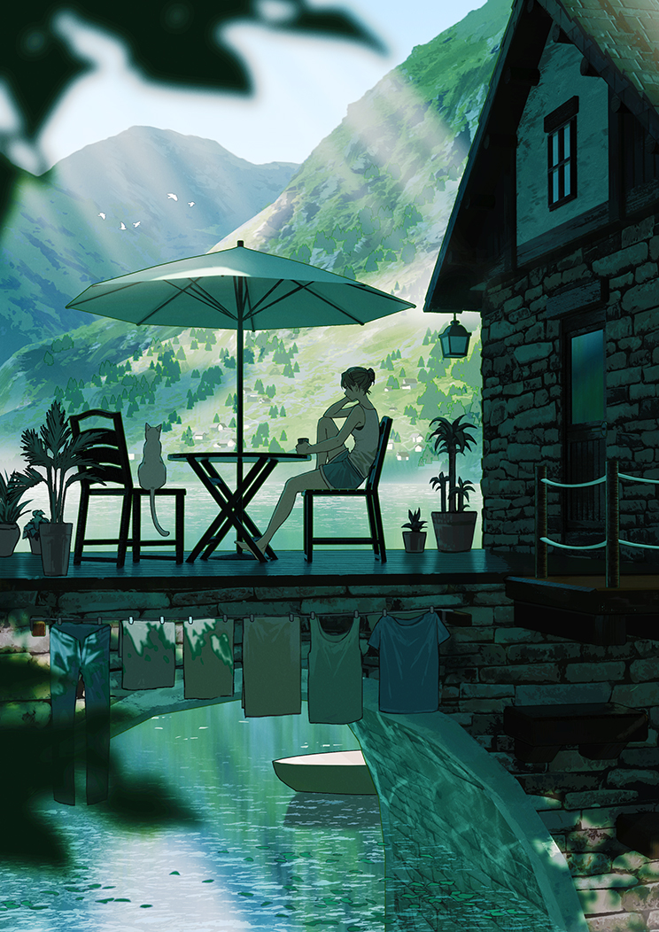 1girl amemura_(caramelo) blue_shorts brick_wall bridge cat chair clothesline full_body lake laundry mountain nature original plant potted_plant scenery shorts sitting table tank_top umbrella water white_tank_top