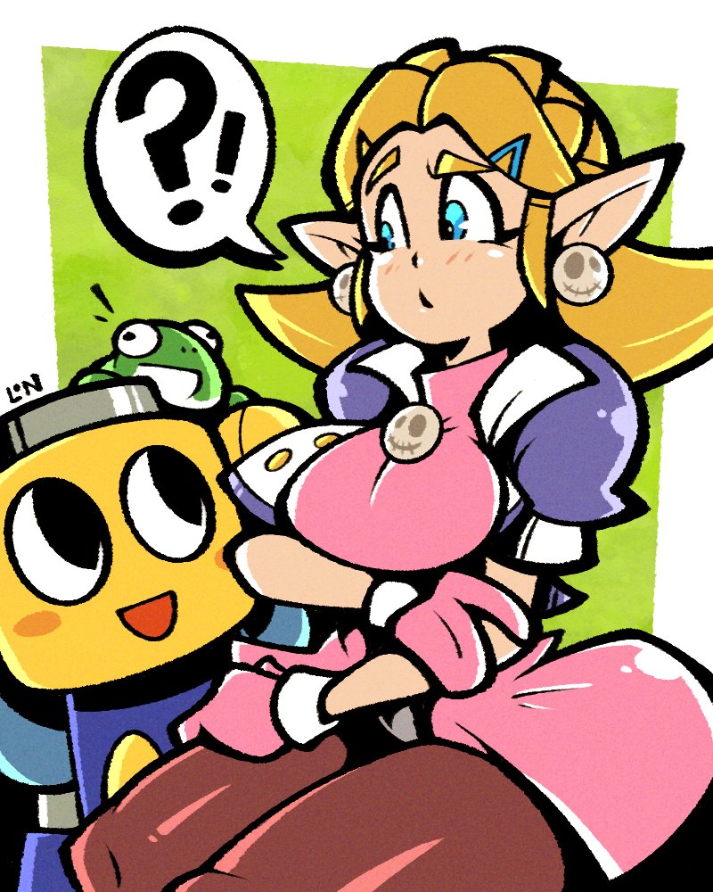 !? 1girl blonde_hair blue_eyes cosplay legendofnerd looking_at_another mega_man_(series) mega_man_legends_(series) princess_zelda servbot_(mega_man) solo_focus speech_bubble the_legend_of_zelda the_legend_of_zelda:_tears_of_the_kingdom tron_bonne_(mega_man) tron_bonne_(mega_man)_(cosplay)