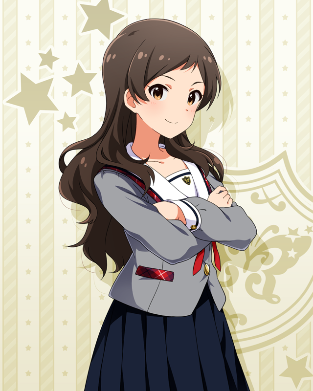 1girl black_hair black_skirt breasts buttons collar collarbone cowboy_shot crossed_arms dot_nose eyelashes grey_serafuku grey_shirt hair_over_shoulder idolmaster idolmaster_million_live! idolmaster_million_live!_theater_days junior_high_schoolmate_(idolmaster) kitazawa_shiho light_blush light_smile long_hair long_sleeves looking_at_viewer neck_ribbon official_alternate_costume official_art parted_bangs plaid_collar pleated_skirt red_ribbon ribbon school_uniform serafuku shirt sidelocks skirt small_breasts solo starry_background straight_hair wavy_hair white_collar yellow_eyes