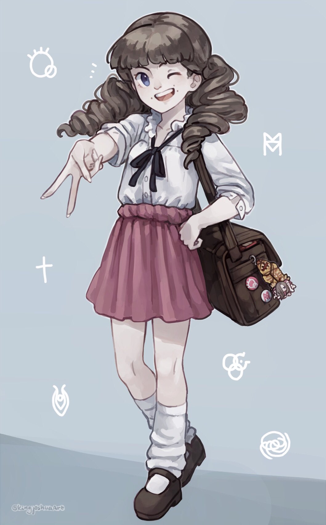 1girl badge bag black_ribbon blue_eyes brown_bag brown_hair button_badge character_charm charm_(object) commentary drill_hair fear_&amp;_hunger fear_&amp;_hunger_2:_termina full_body gyaru hand_on_own_hip highres kingjoshua long_sleeves looking_at_viewer loose_socks marina_(fear_&amp;_hunger) mary_janes miniskirt one_eye_closed pink_skirt ribbon shirt shoes shoulder_bag skirt skirt_rolled_up sleeves_rolled_up smile socks solo standing twin_drills twintails twitter_username v white_shirt