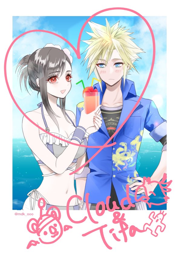 beach bikini bikini_skirt black_hair blue_eyes blue_shirt blush cloud_strife cloud_strife_(ocean_chocobo) final_fantasy final_fantasy_vii final_fantasy_vii_rebirth final_fantasy_vii_remake flower frilled_bikini frilled_bikini_top frills hair_flower hair_ornament hawaiian_shirt heart looking_at_another mdk_ooo moogle official_alternate_costume official_alternate_hairstyle picture_frame red_eyes sabotender shirt smile spiked_hair swimsuit tifa_lockhart tifa_lockhart_(shining_spirit) white_bikini