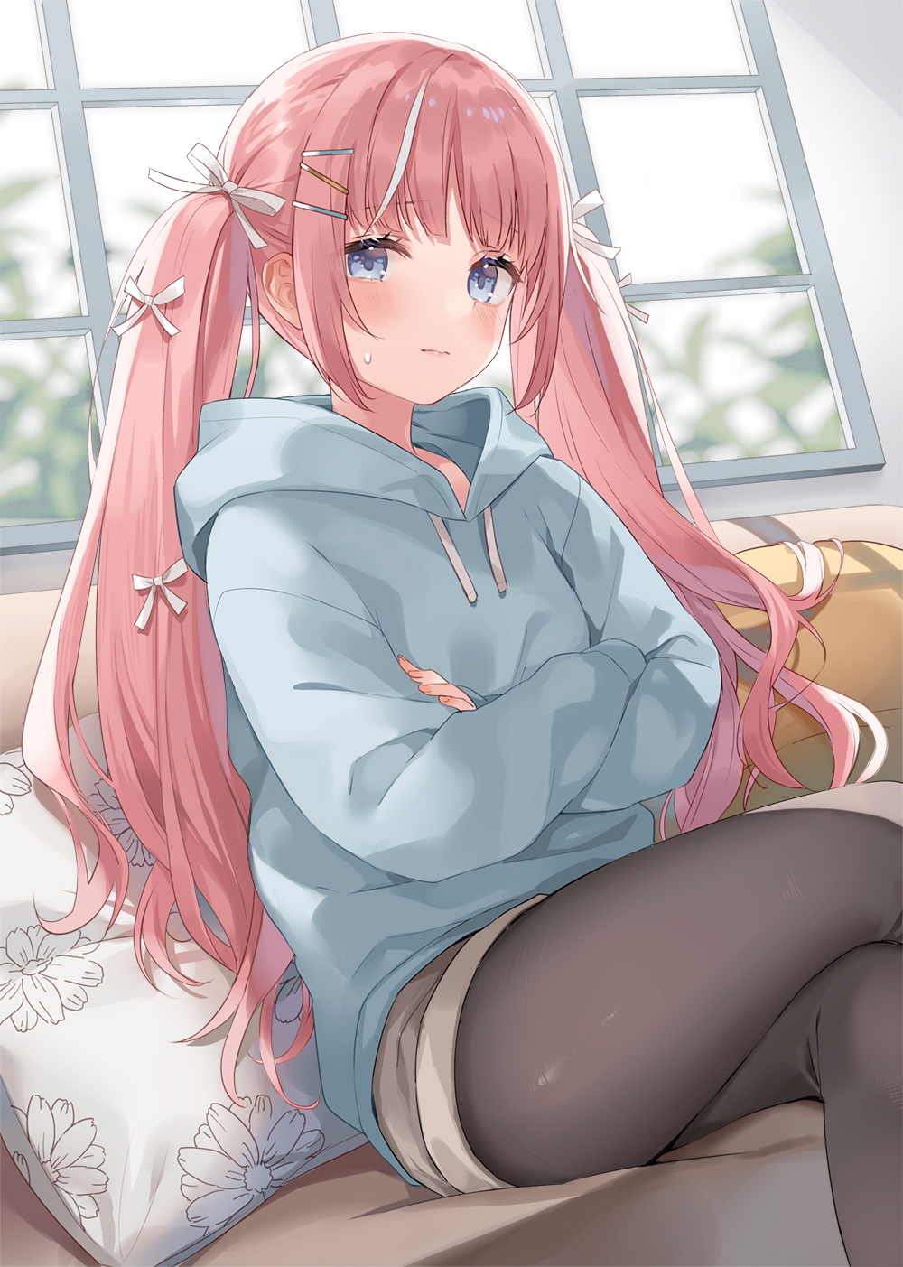 1girl bangs black_pantyhose blue_eyes blue_hoodie blurry blurry_background blush bow commentary_request couch crossed_arms crossed_legs depth_of_field drawstring feet_out_of_frame grey_shorts hair_bow hair_ornament hairclip highres hood hood_down hoodie indoors kurasawa_moko long_hair long_sleeves on_couch original pantyhose pillow pink_hair puffy_long_sleeves puffy_sleeves short_shorts shorts sleeves_past_wrists solo twintails very_long_hair white_bow window