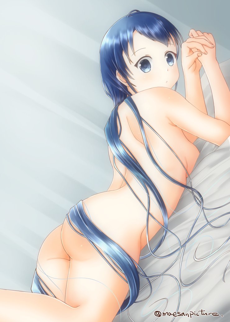 1girl ass blue_eyes blue_hair breasts butt_crack closed_mouth commentary_request completely_nude from_behind kantai_collection long_hair looking_at_viewer looking_back lying mae_(maesanpicture) medium_breasts nude on_stomach own_hands_together samidare_(kancolle) sideboob simple_background solo twitter_username very_long_hair