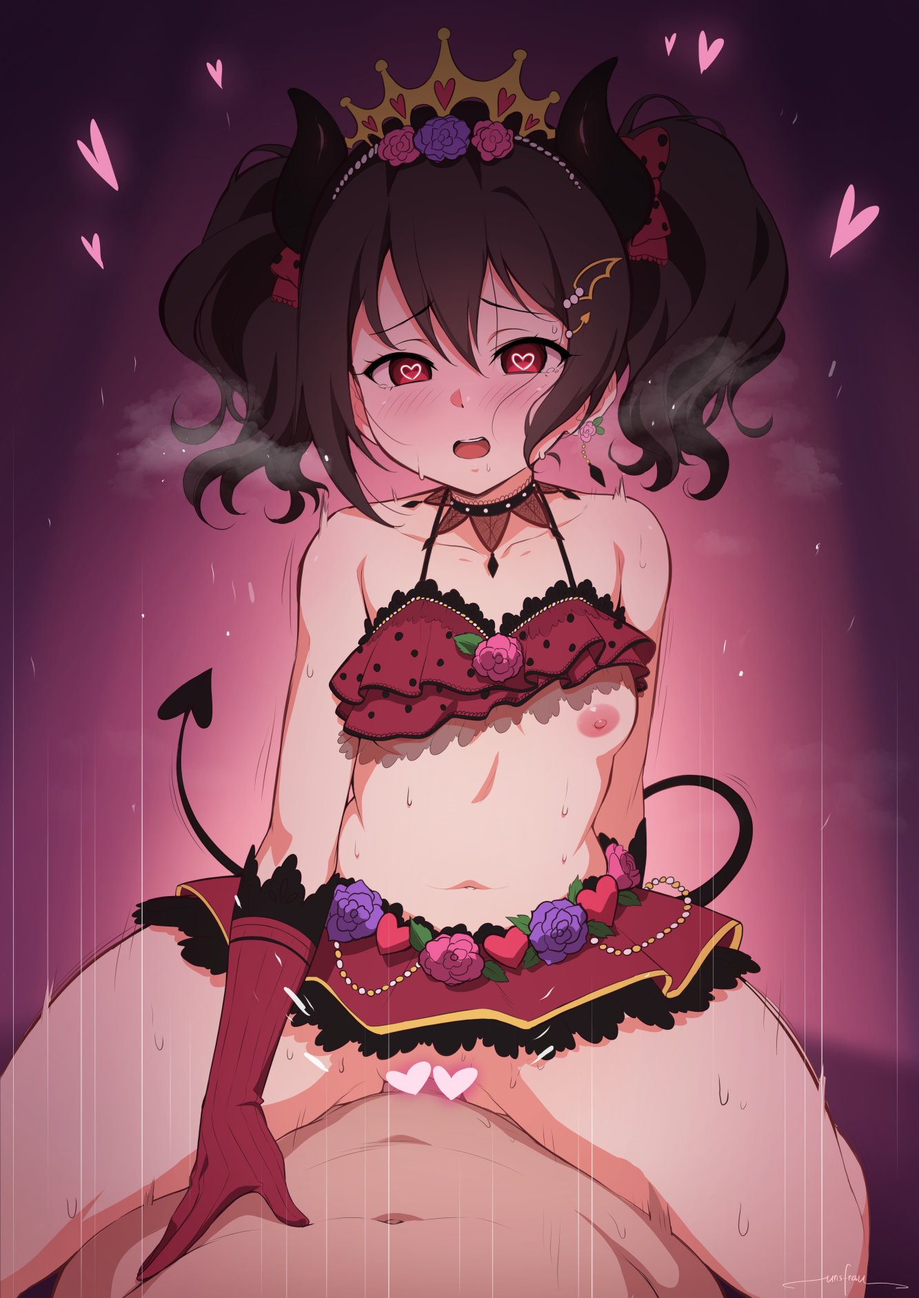 1boy 1girl armpit_crease bare_shoulders black_choker black_hair black_horns blurry blurry_background blush bow bra breasts censored choker collarbone covering covering_one_breast cowgirl_position demon_horns demon_tail demon_wings feet_out_of_frame flower flower_skirt gloves hair_between_eyes hair_bow hair_flower hair_ornament hairclip hand_on_another's_chest heart heart-shaped_pupils heart_censor highres horns love_live! midriff miniskirt motion_lines navel one_breast_out open_mouth pink_background polka_dot polka_dot_bra pussy red_bra red_eyes red_gloves red_skirt sex skirt small_breasts spread_legs stomach straddling symbol-shaped_pupils tail thick_thighs thighs tiara twintails underwear unsfrau vaginal wing_hair_ornament wings yazawa_nico