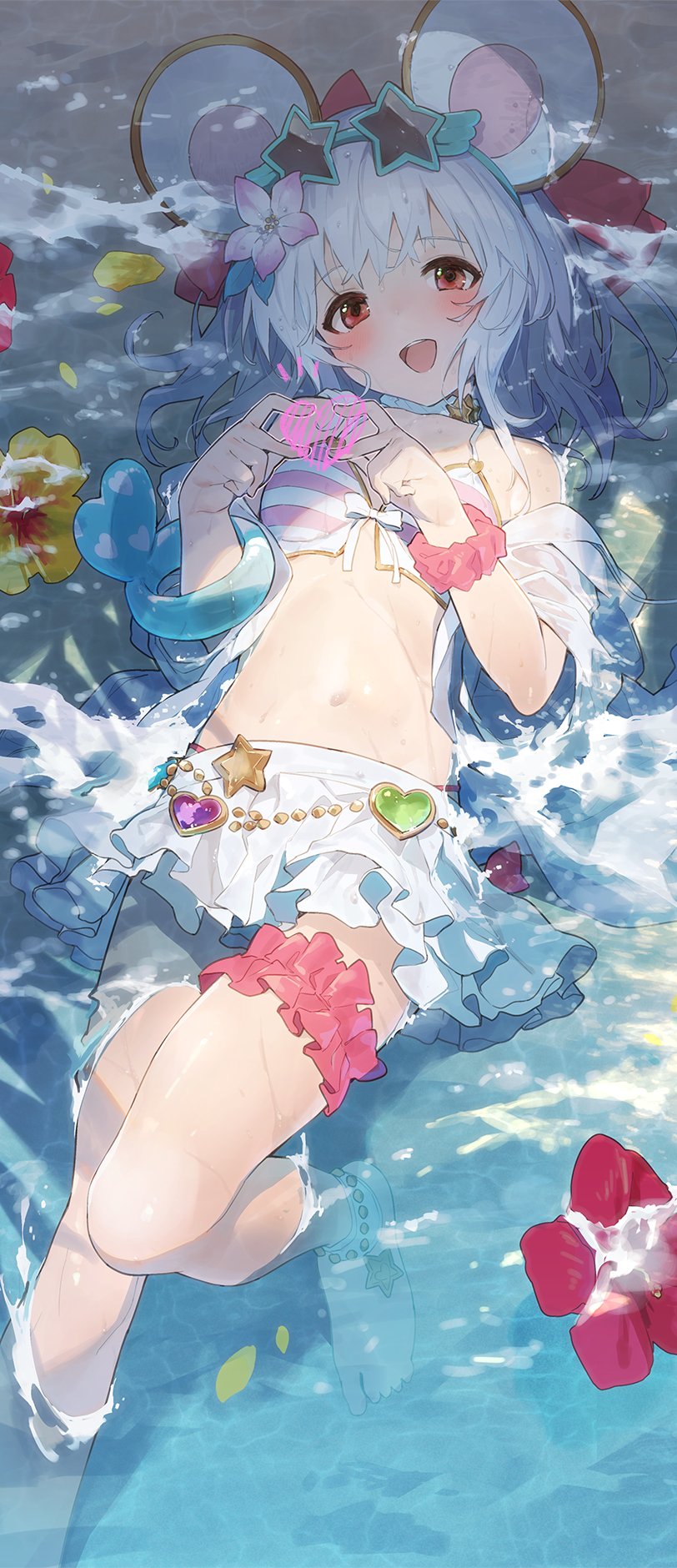 1girl :d animal_ears barefoot beach bikini blush bridal_garter day eyewear_on_head flower granblue_fantasy hair_flower hair_ornament highres legs looking_at_viewer lying medium_hair mouse_ears navel ocean on_back outdoors red_eyes sawayaka_samehada scrunchie shore smile solo swimsuit toes vikala_(granblue_fantasy) water wet white_hair wrist_scrunchie